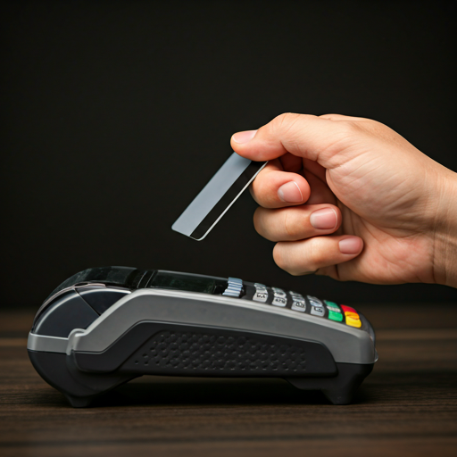 Close-up of a hand swiping a credit card at a payment reader