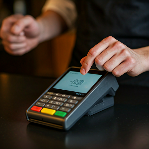 Restaurant staff member operating a modern POS terminal
