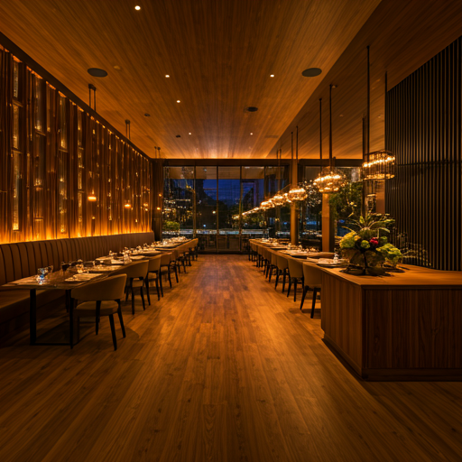 Cinematic wide shot of a luxury modern restaurant interior