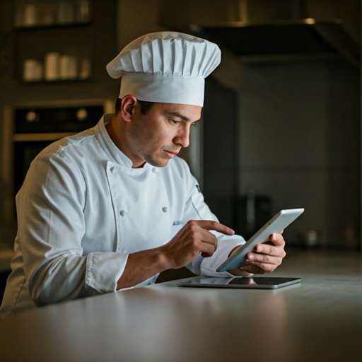 Professional chef analyzing data on a tablet in a bright kitchen setting
