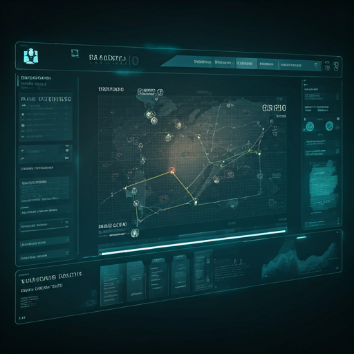 Futuristic digital interface showing restaurant delivery routes and logistics analytics