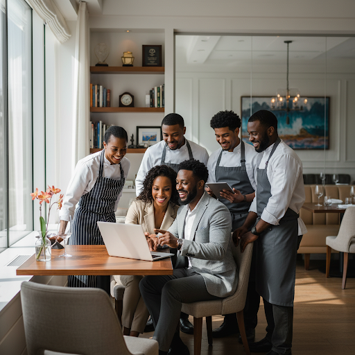 A diverse group of professional restaurant owners and staff collaborating over a laptop in a modern restaurant office